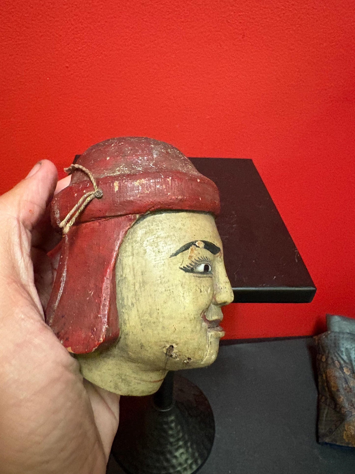 Amazing antique polychrome wooden puppet head  5 inches tall