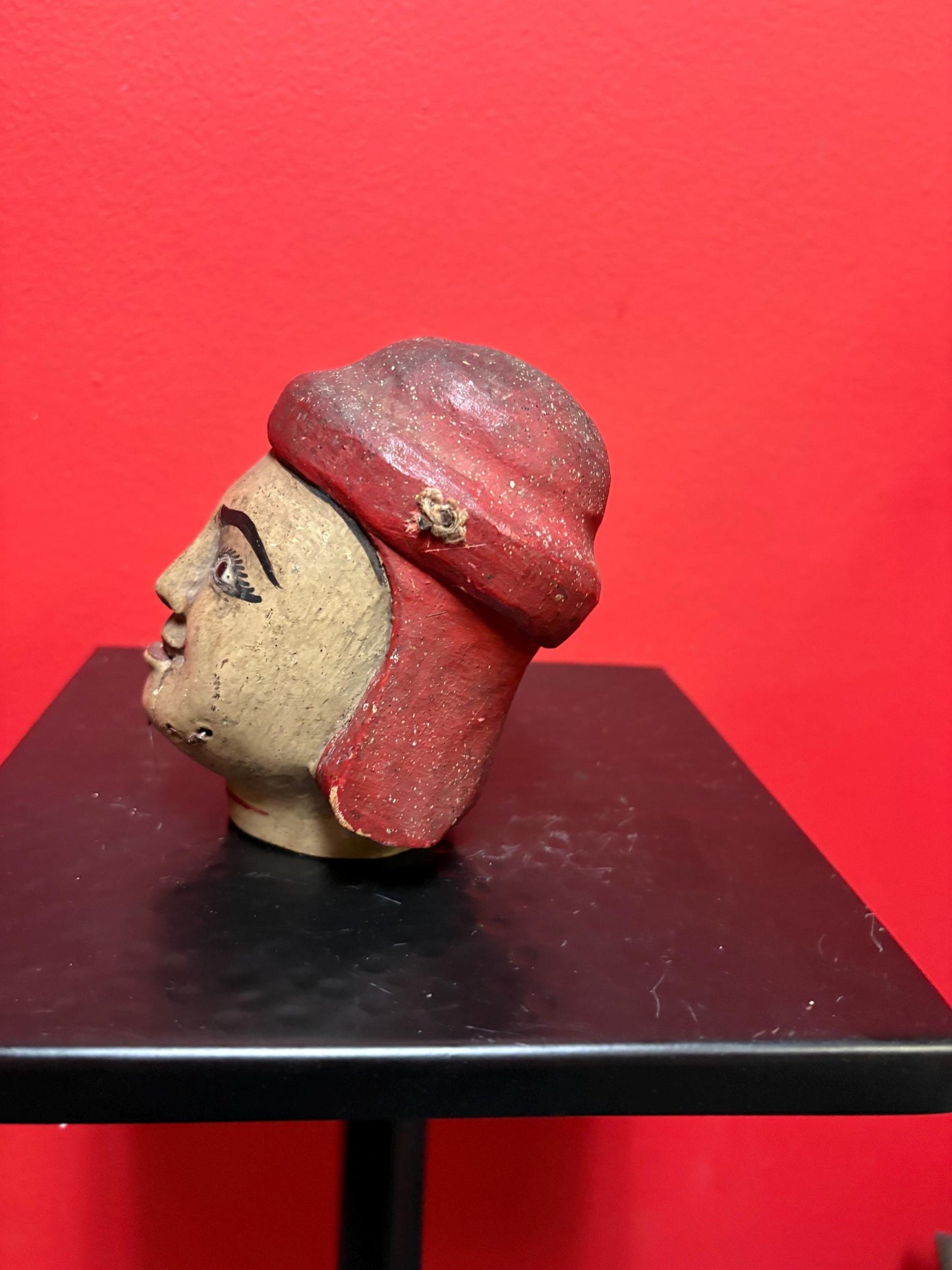 Amazing antique polychrome wooden puppet head  5 inches tall