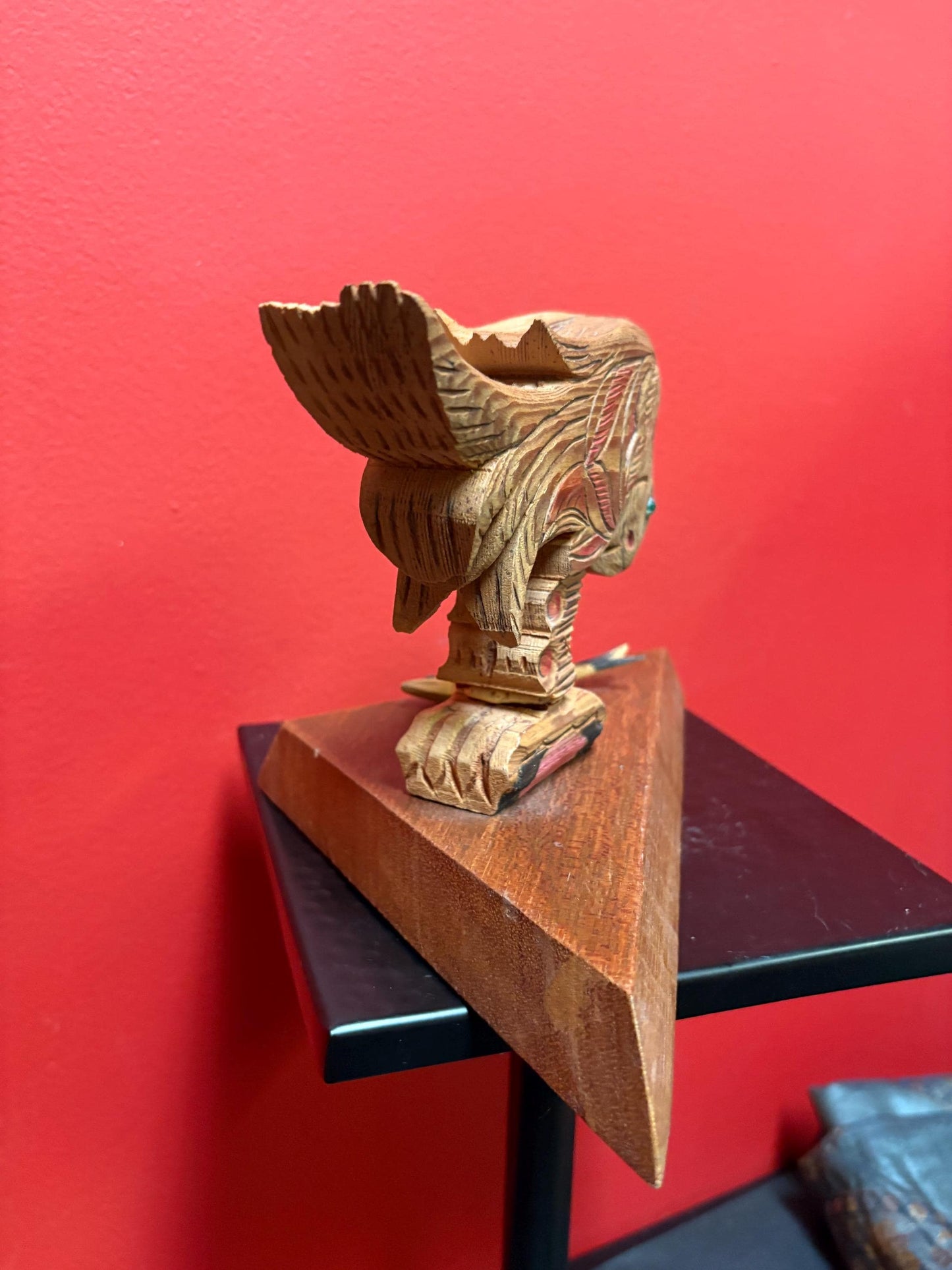 Beautiful indigenous first nations Pacific Northwest Coast carving of Eagle and salmon on base  information on bottom 10 x 6 high