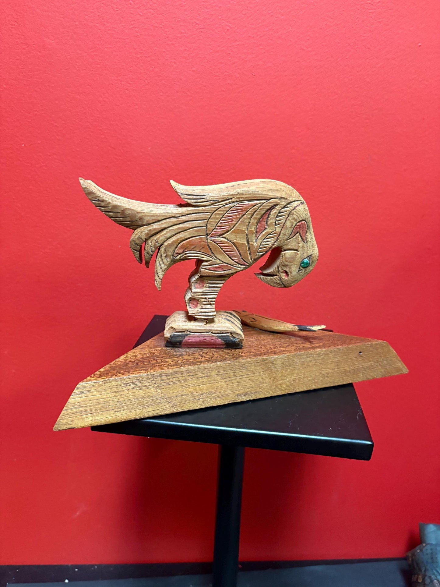 Beautiful indigenous first nations Pacific Northwest Coast carving of Eagle and salmon on base  information on bottom 10 x 6 high