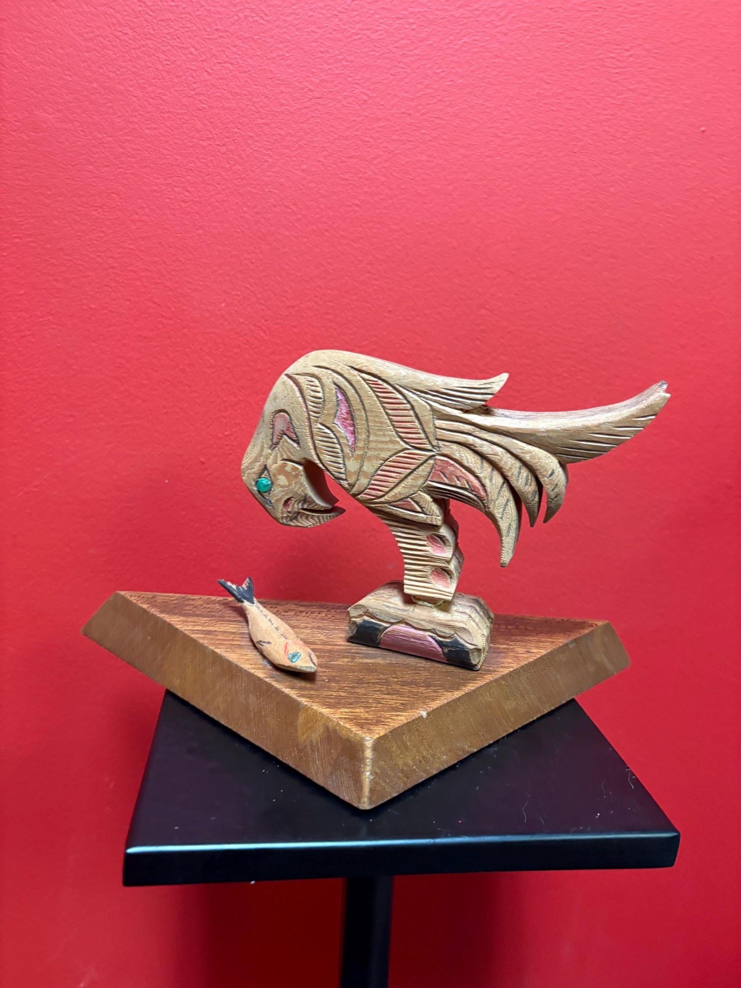 Beautiful indigenous first nations Pacific Northwest Coast carving of Eagle and salmon on base  information on bottom 10 x 6 high