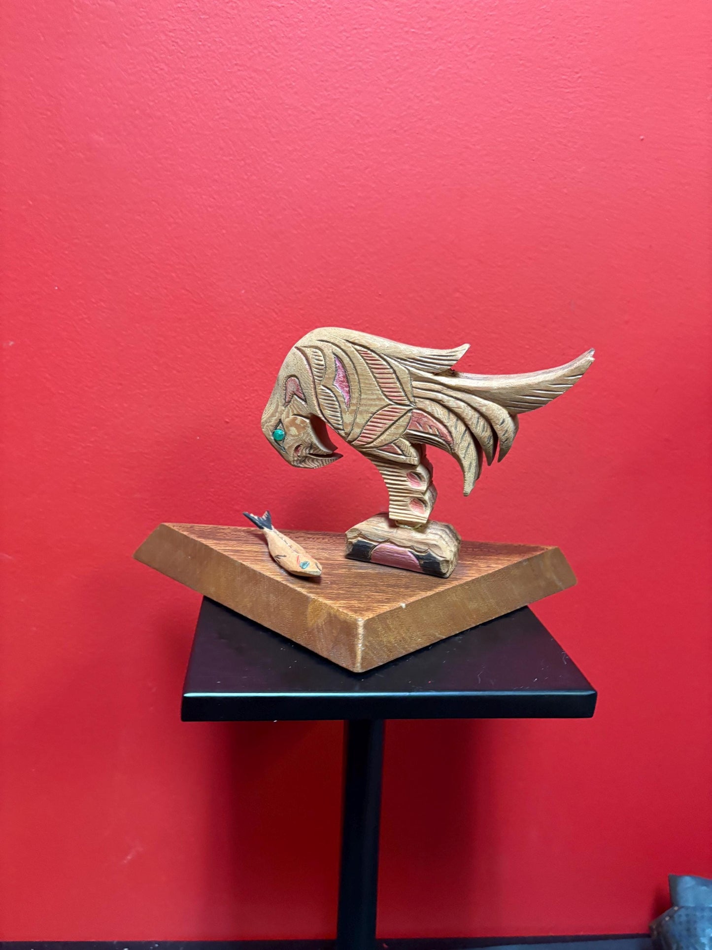 Beautiful indigenous first nations Pacific Northwest Coast carving of Eagle and salmon on base  information on bottom 10 x 6 high