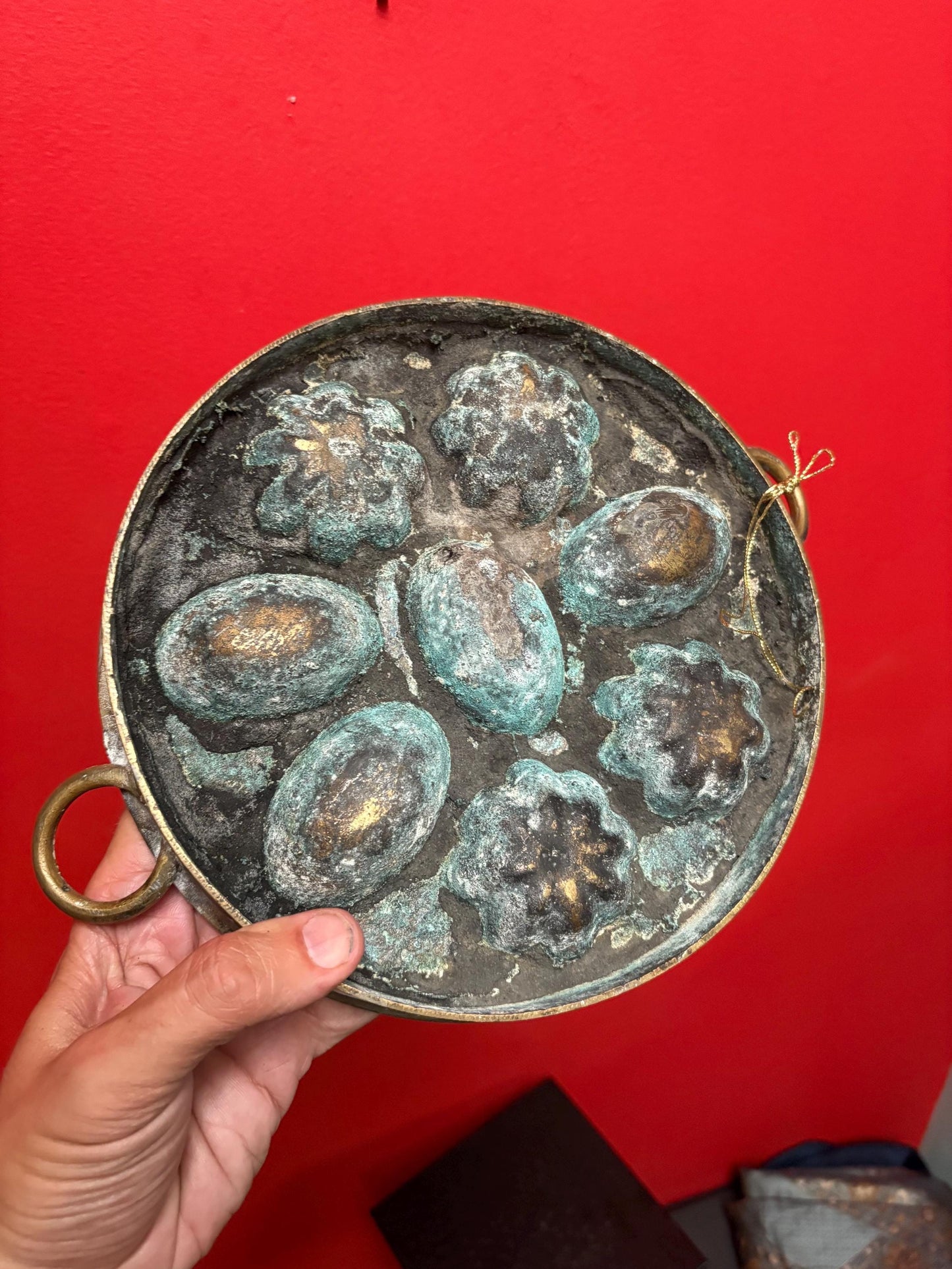 Amazing brass antique chocolate mould  11 x 9 by 2 inches high  wonderful patina  great kitchen decor  gift idea  wow