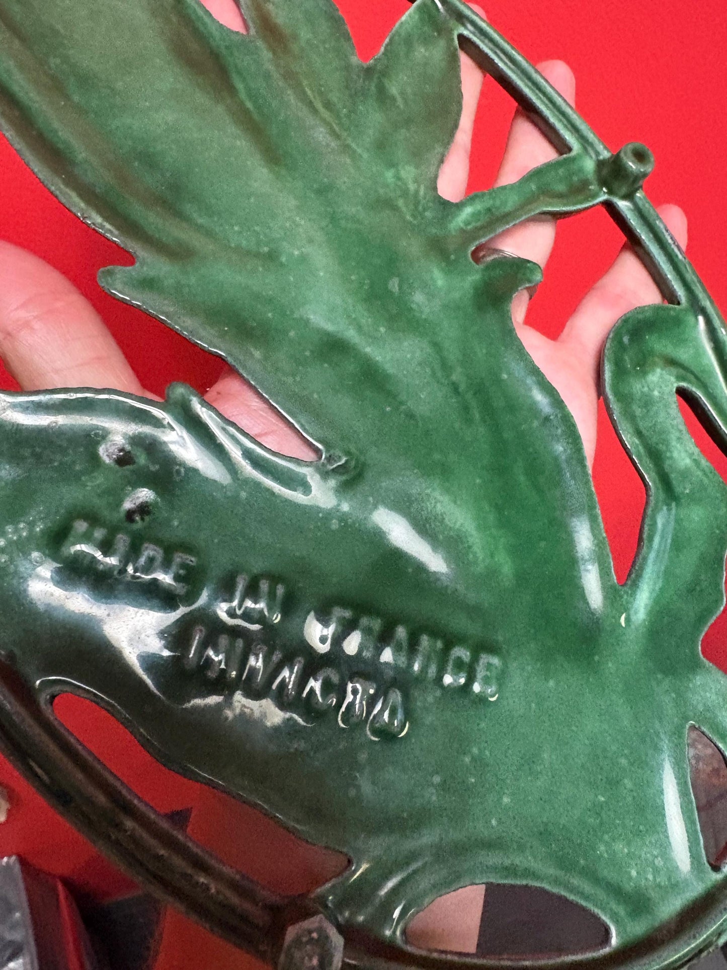 Beautiful French 11 x 8 wide antique INVICTA metal enamelled corn shaped trivet  also hangs  very cool gift