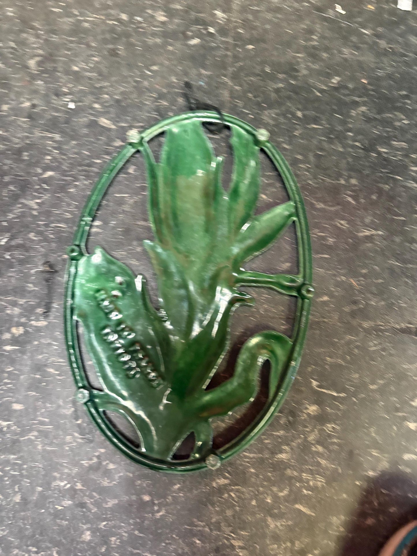 Beautiful French 11 x 8 wide antique INVICTA metal enamelled corn shaped trivet  also hangs  very cool gift