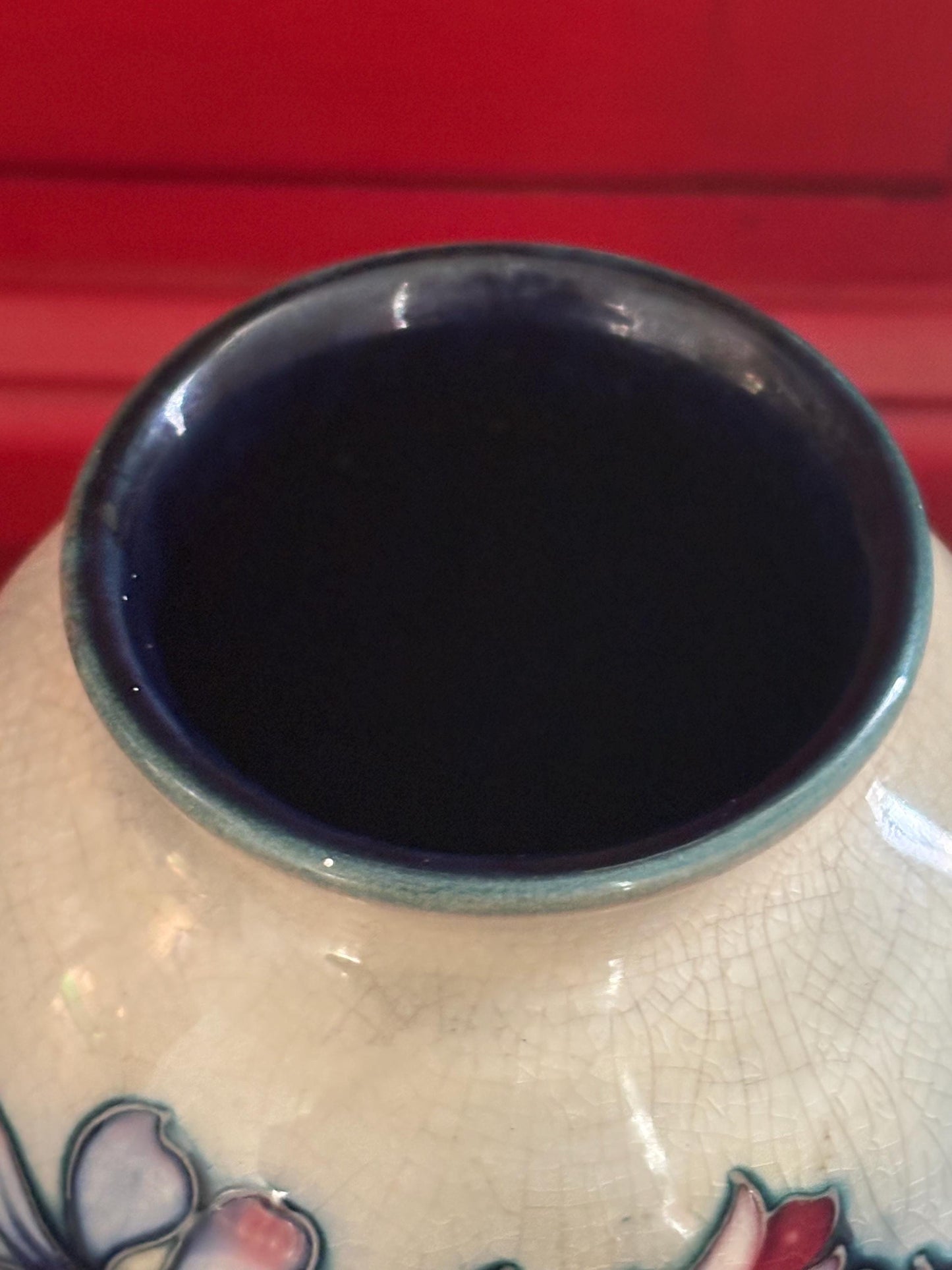 Stunning antique William Moorcroft 10 inch tall vase  orchids and Lily design  rare piece  slight crazing at top  wow piece!!! Moorcroft