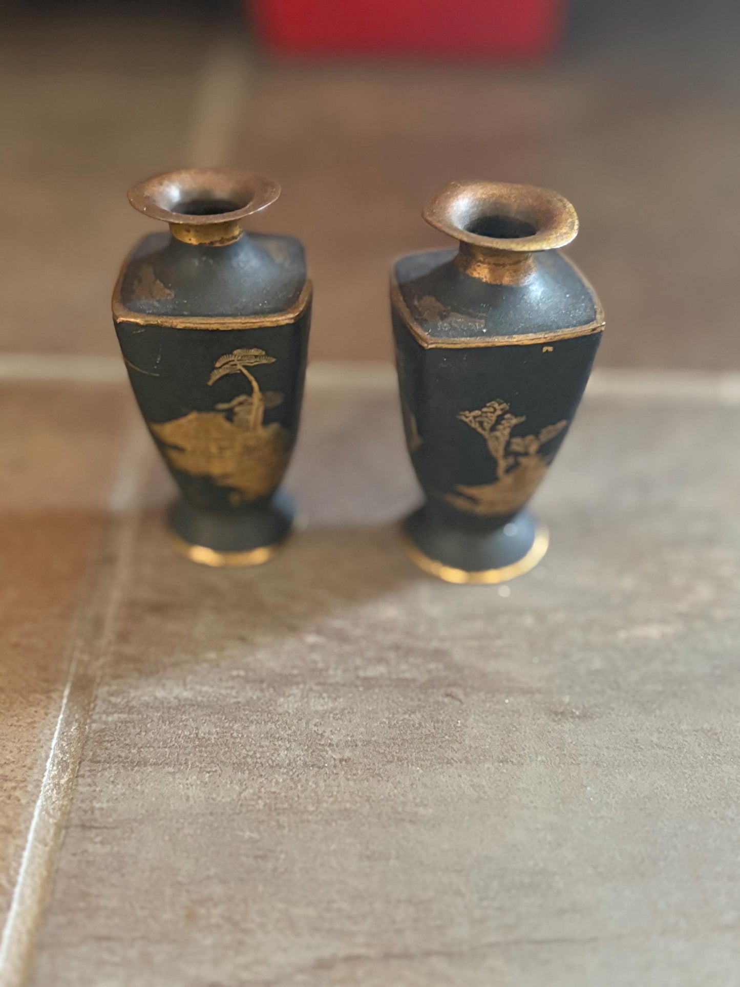 Pair of beautiful antique Japanese meji bronze and gilded vases  2.5 inches tall each  very pretty