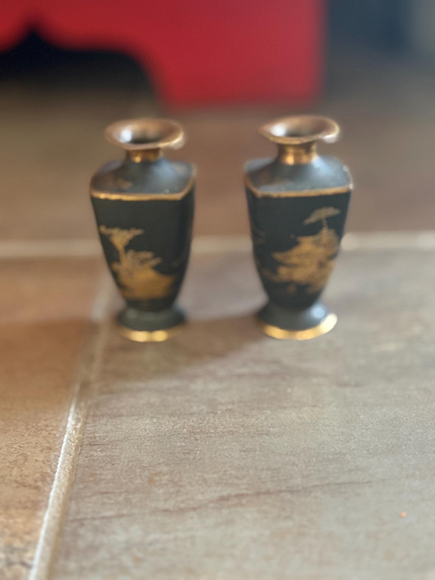 Pair of beautiful antique Japanese meji bronze and gilded vases  2.5 inches tall each  very pretty