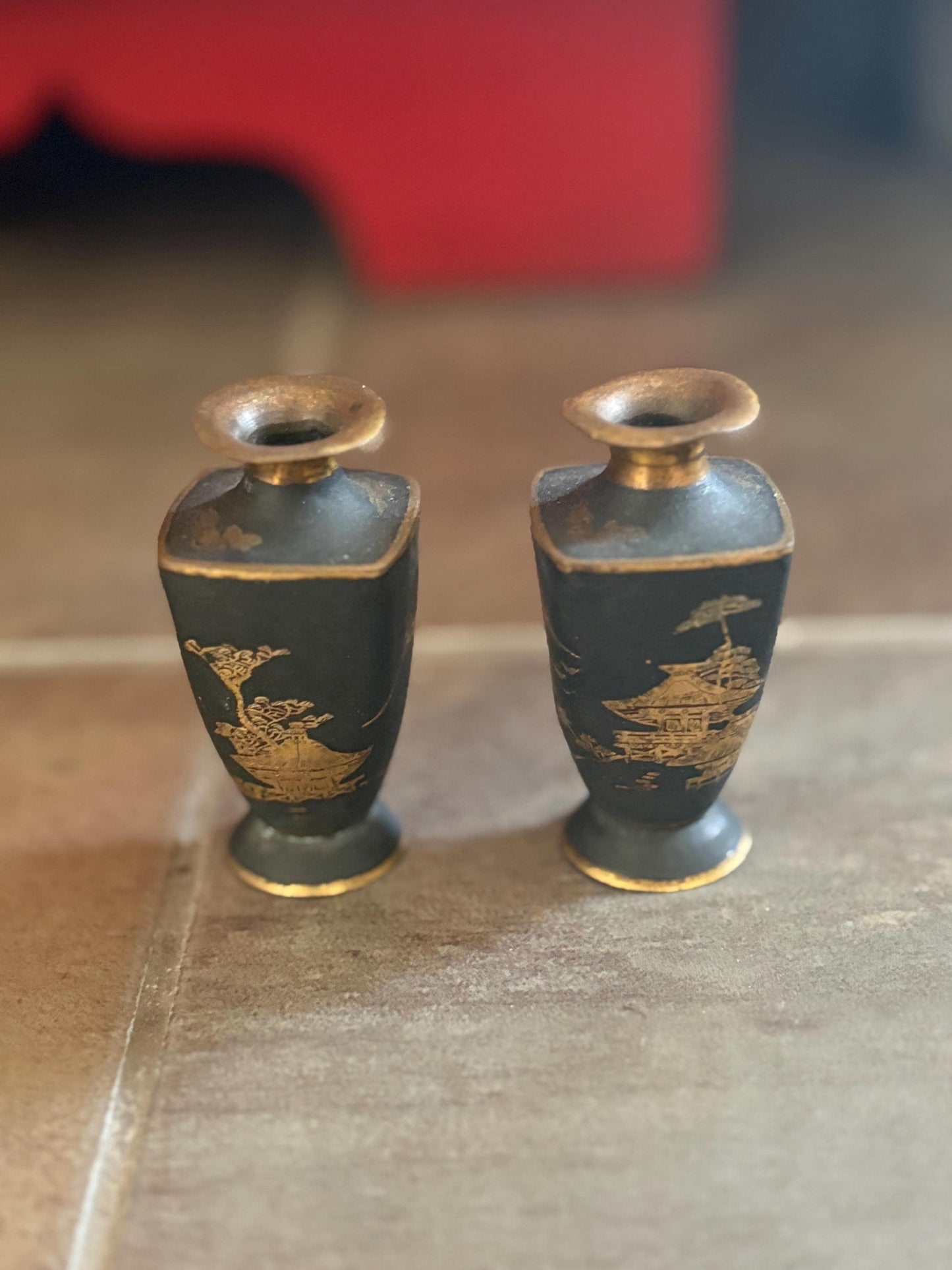 Pair of beautiful antique Japanese meji bronze and gilded vases  2.5 inches tall each  very pretty