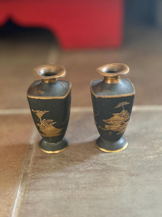 Pair of beautiful antique Japanese meji bronze and gilded vases  2.5 inches tall each  very pretty