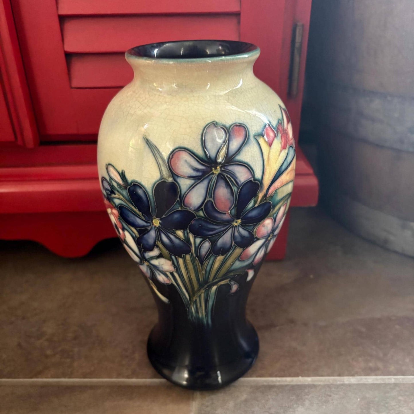 Stunning antique William Moorcroft 10 inch tall vase  orchids and Lily design  rare piece  slight crazing at top  wow piece!!! Moorcroft