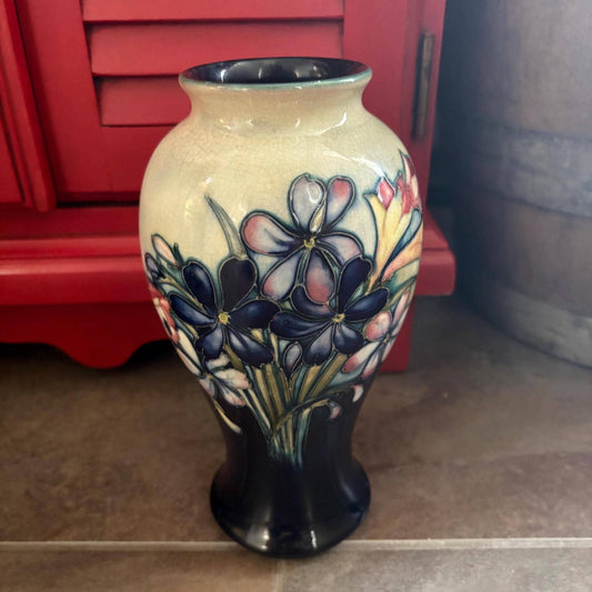 Stunning antique William Moorcroft 10 inch tall vase  orchids and Lily design  rare piece  slight crazing at top  wow piece!!! Moorcroft