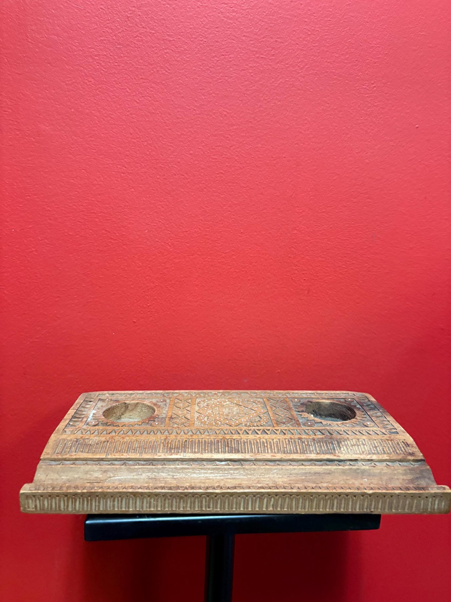 unique  heavily carved antique wooden inkwell  missing bottles - 11 x 7 and holes 1.5 inch wide great value