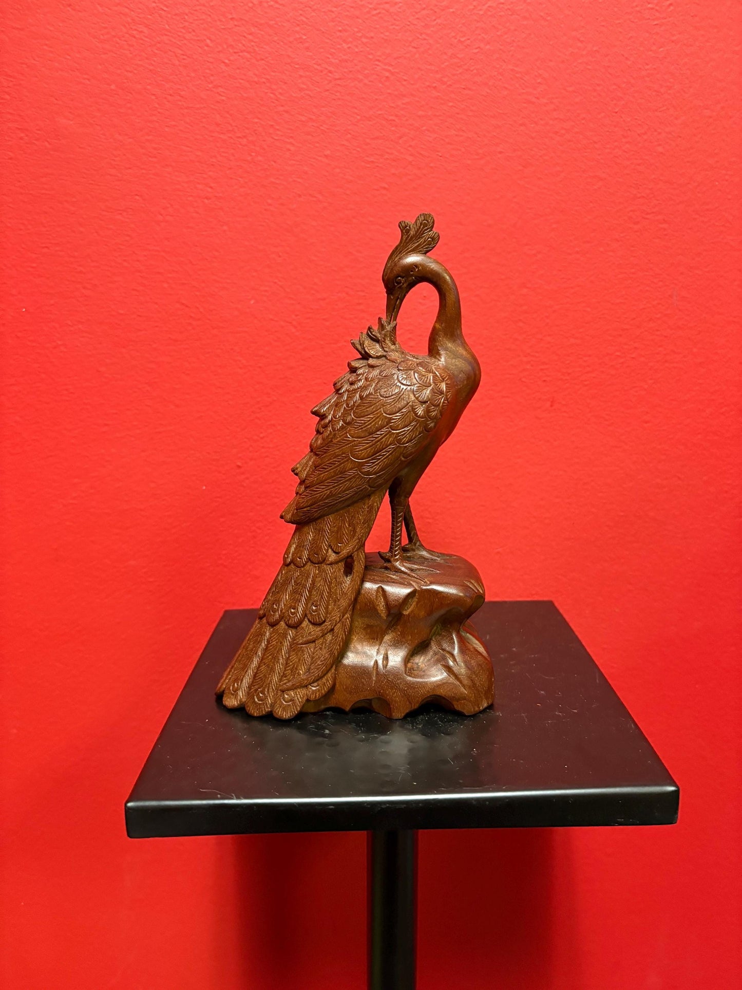 Beautiful well detailed wooden Asian peacock   8.5 inches tall elegant