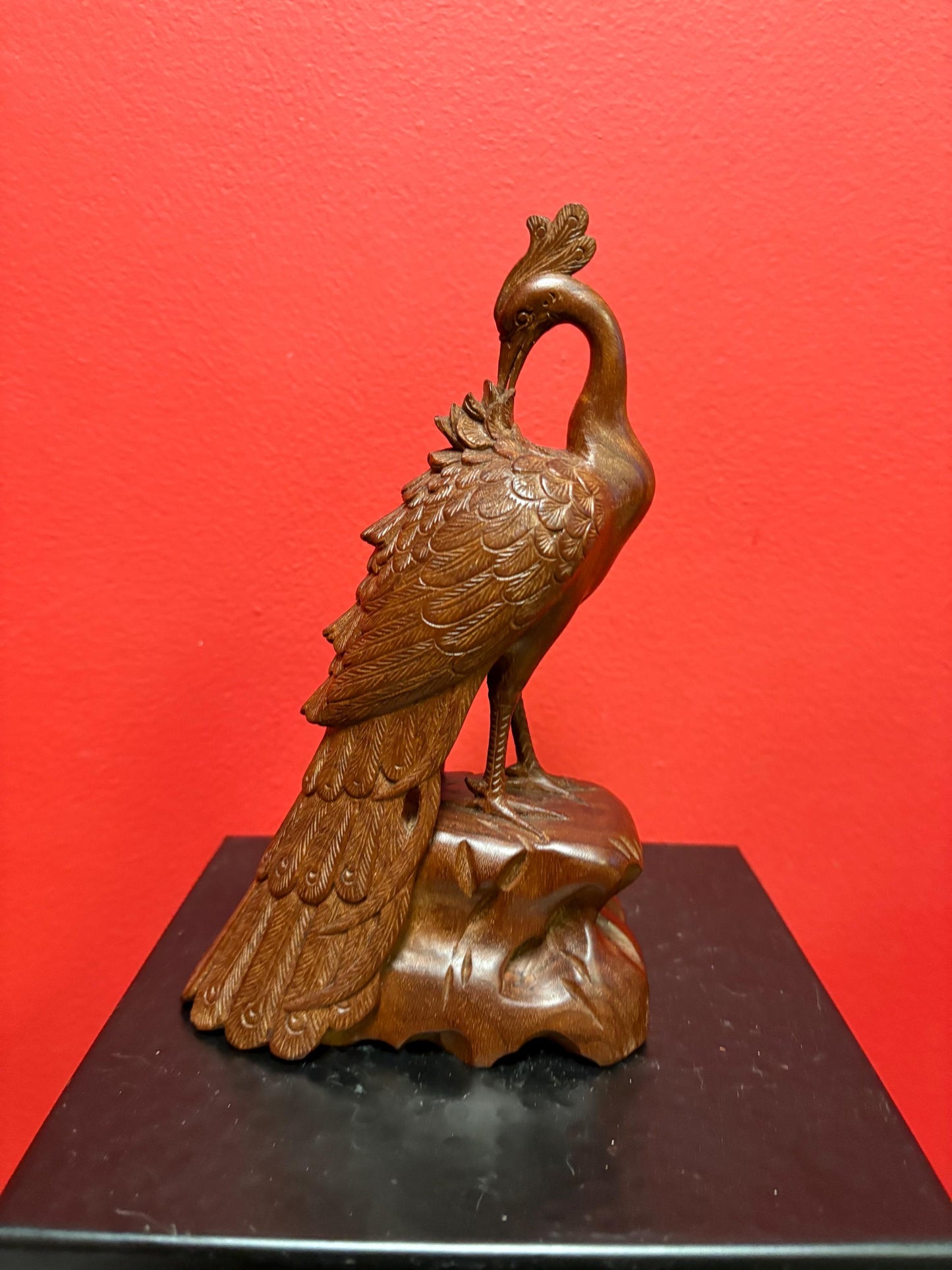 Beautiful well detailed wooden Asian peacock   8.5 inches tall elegant