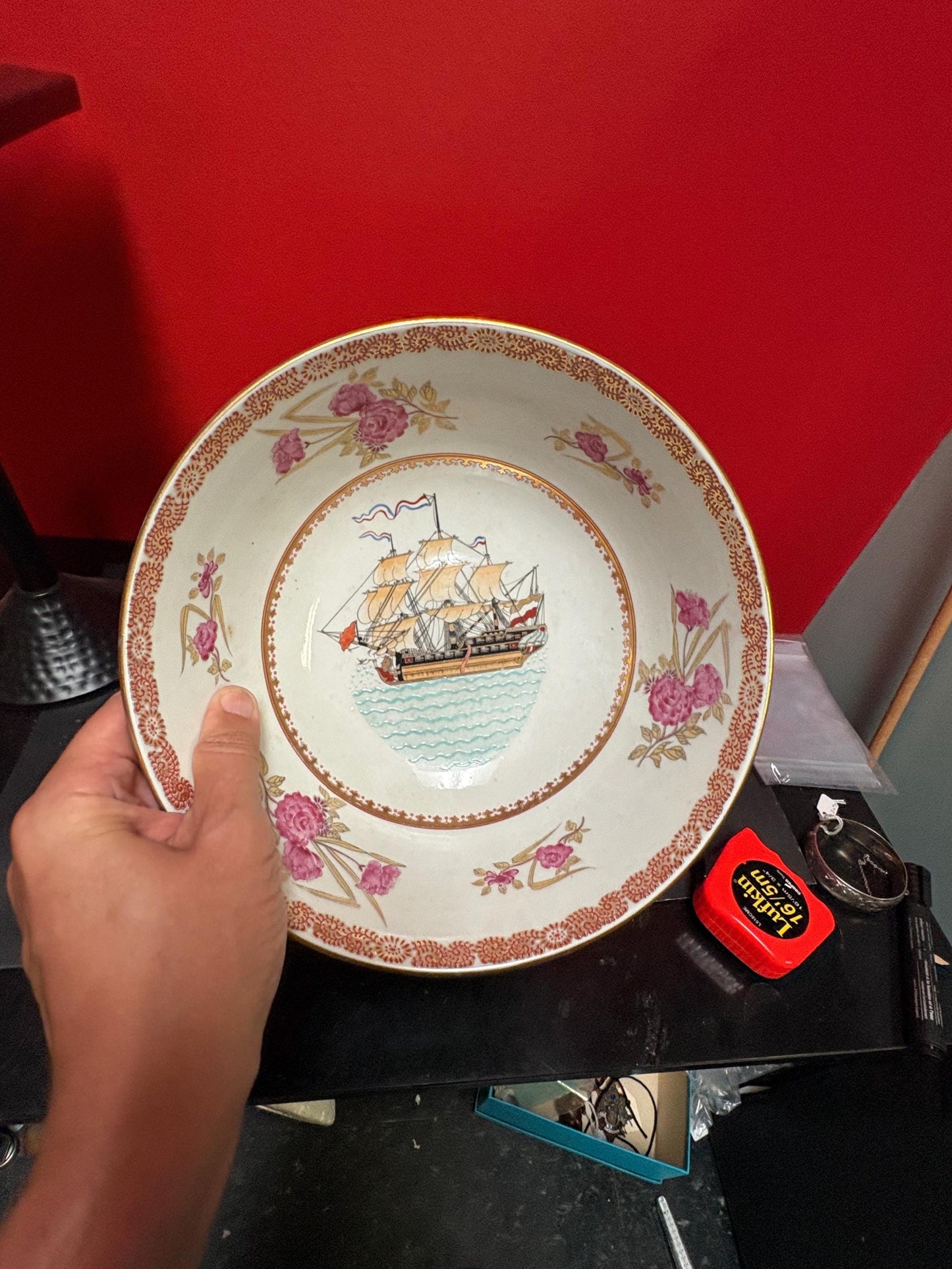 Stunning 19 century signed Chinese export 10 x 5 high porcelain bowl depicting sailboat in wonderful condition - wow