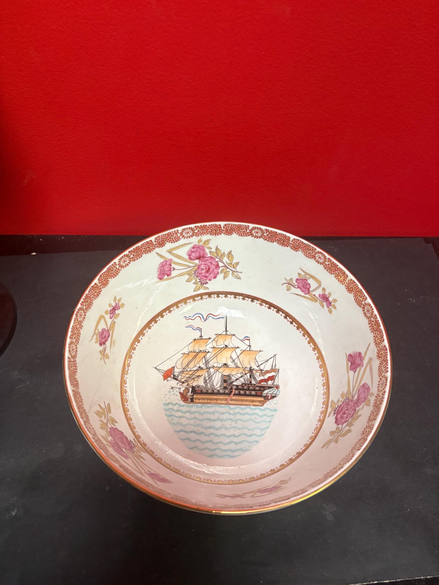 Stunning 19 century signed Chinese export 10 x 5 high porcelain bowl depicting sailboat in wonderful condition - wow