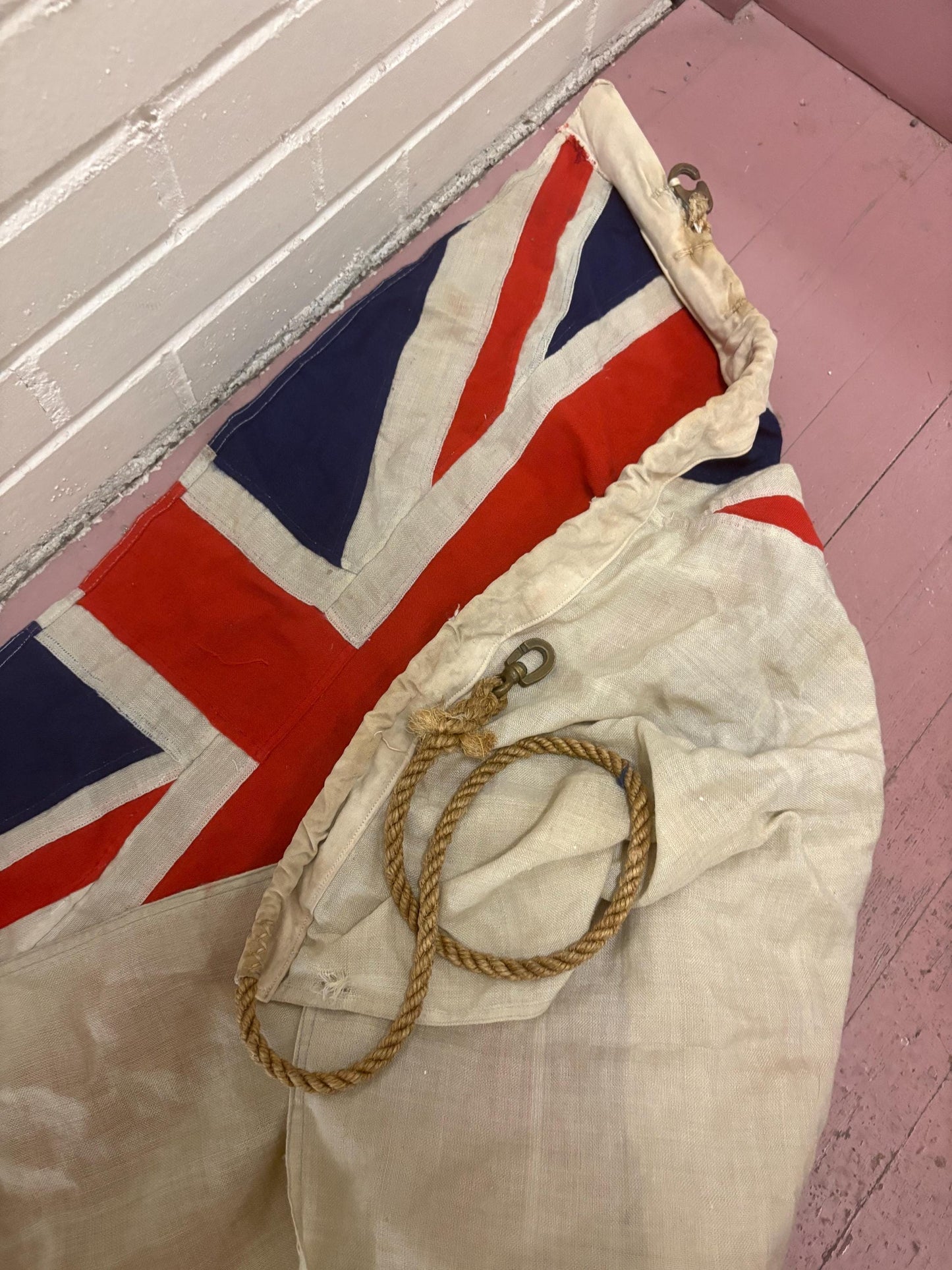 Stunning antique approximately 62 x 30 inch New Zealand flag with hardware  pretty good condition but see photos  great value