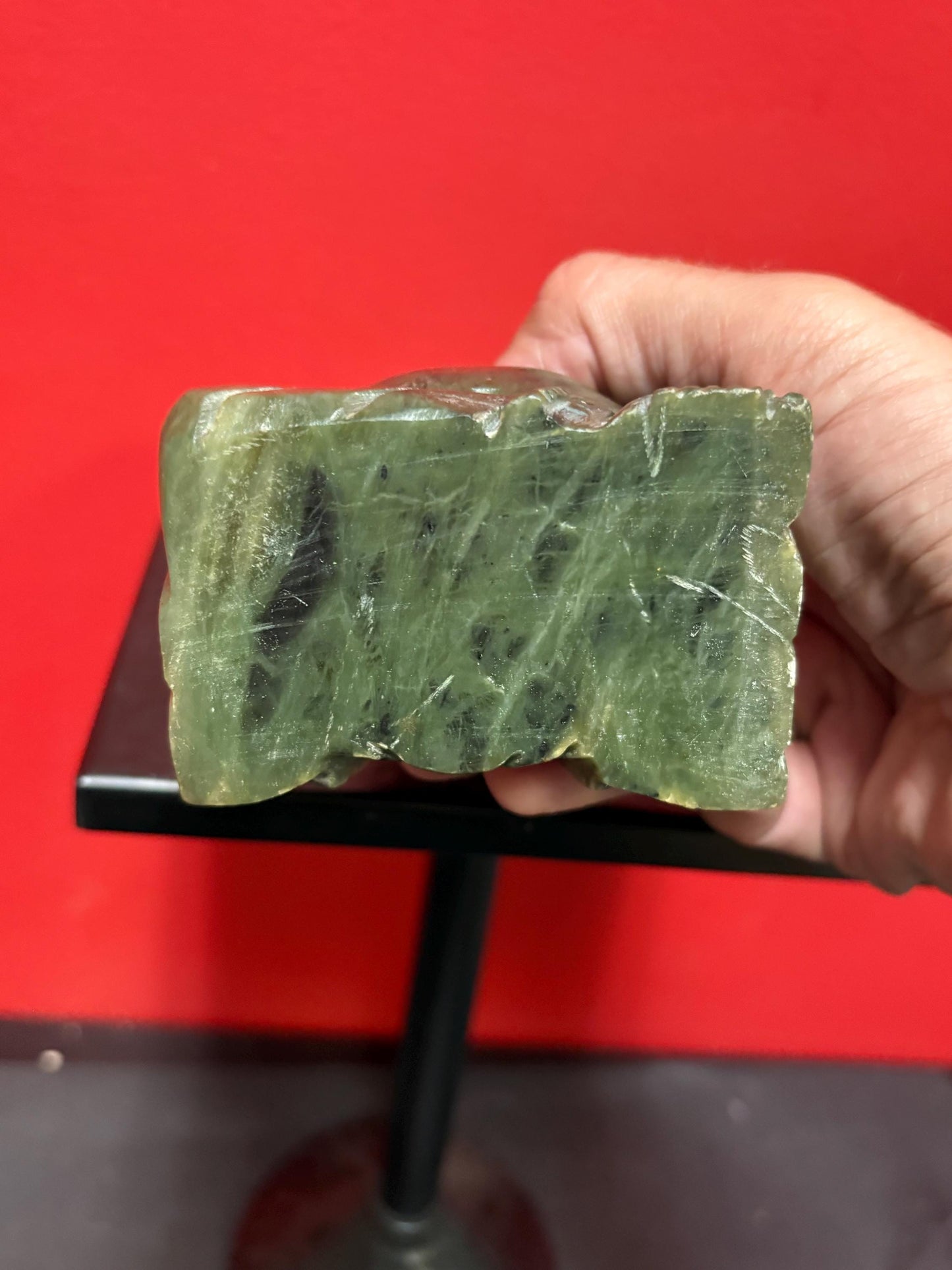 Wonderful Chinese antique dark green jade 4.5 inches high  happy Buddha  amazing detail and good value