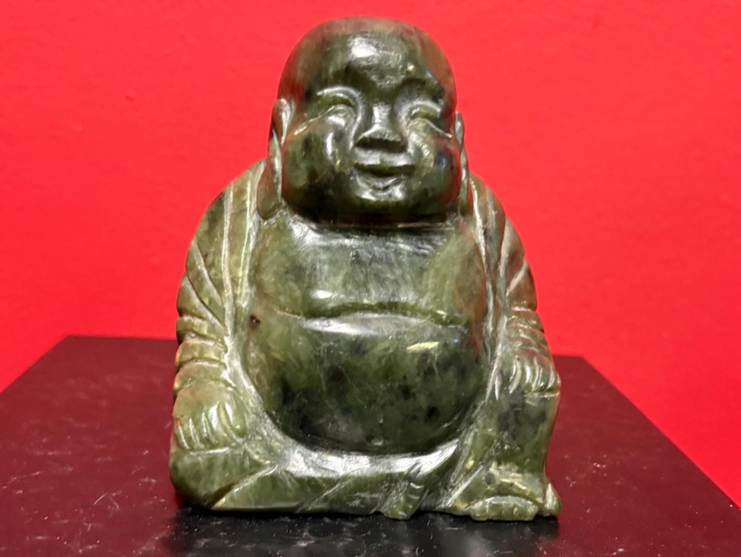 Wonderful Chinese antique dark green jade 4.5 inches high  happy Buddha  amazing detail and good value