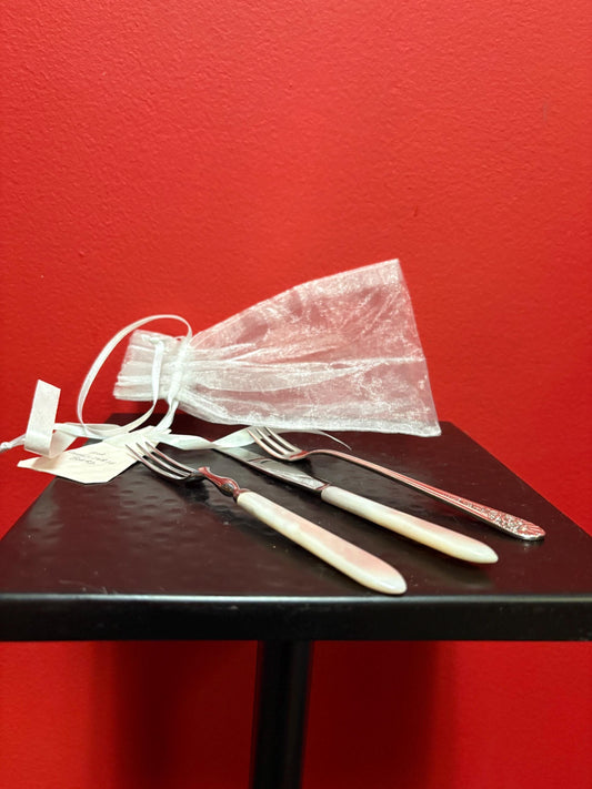 Beautiful English silver CHARCUTERIE knife and forks with mother of pearl handles  5 inches long  great gift