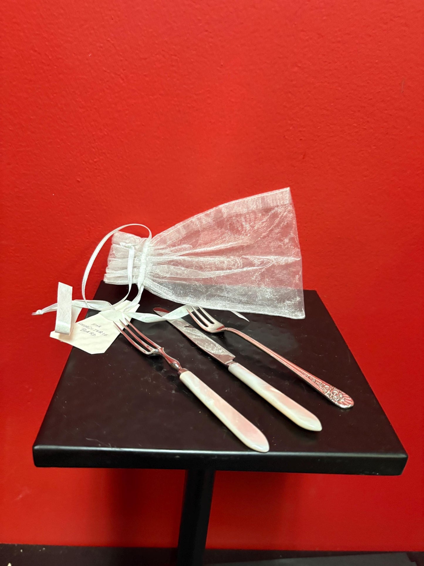 Beautiful English silver CHARCUTERIE knife and forks with mother of pearl handles  5 inches long  great gift
