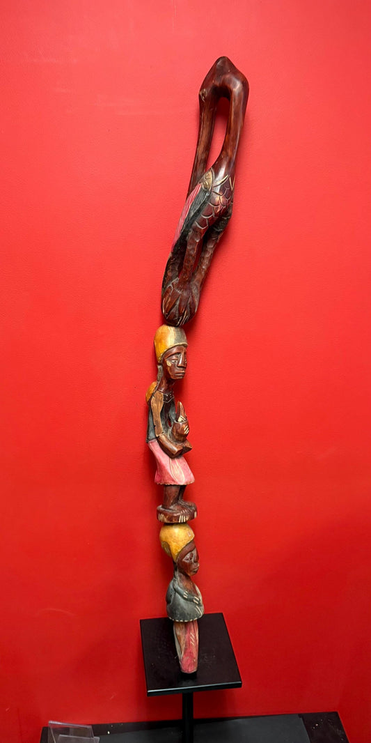Stunning polychrome African 45 inch tall carved walking stick  amazing imagery and perfect to use or mount on wall  one of a kind