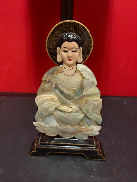 Stunning Chinese antique mother of pearl and lacquer statue of a Buddha  unbelievable quality  wonderful condition  9 x 5 wide