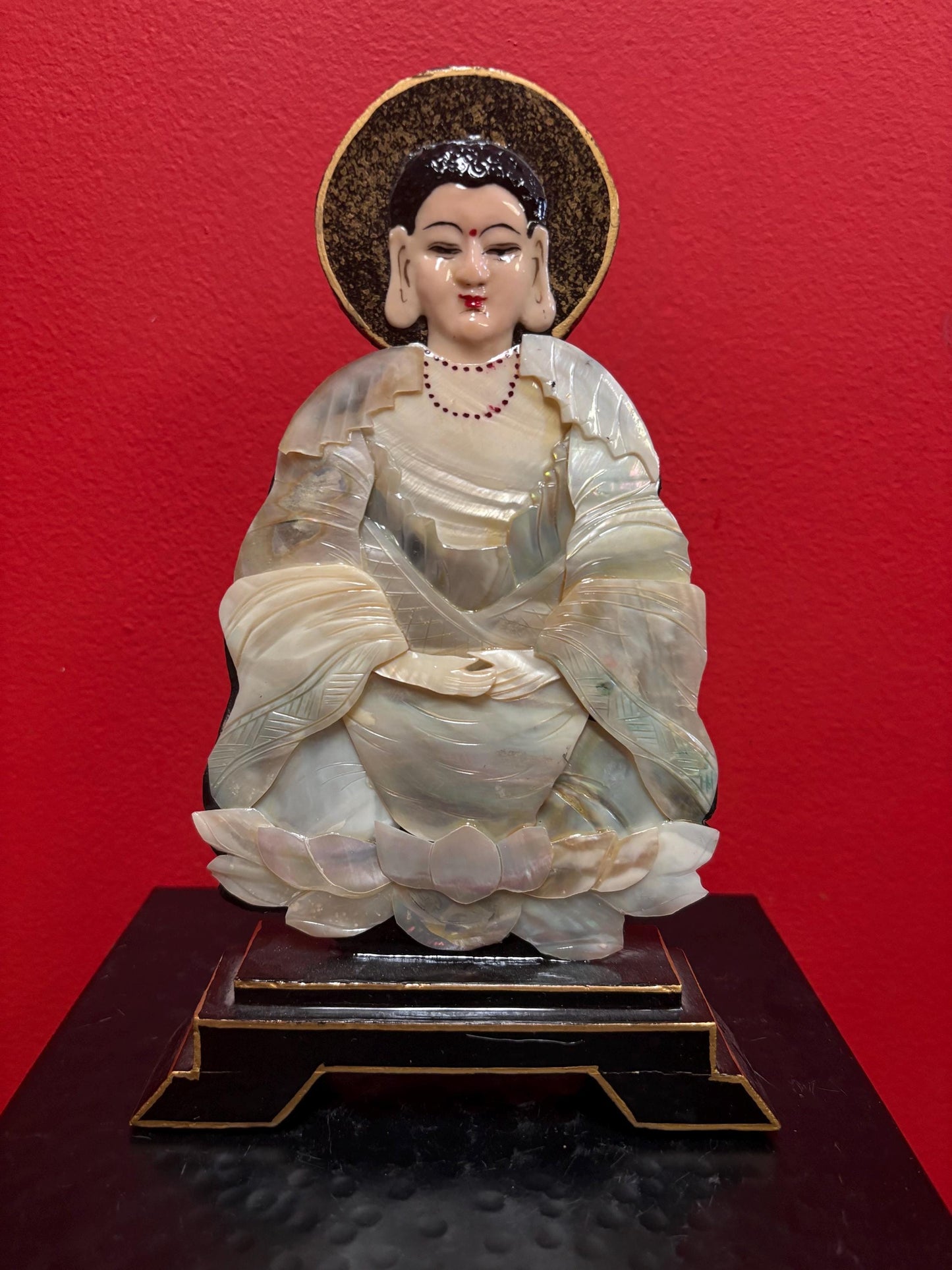 Stunning Chinese antique mother of pearl and lacquer statue of a Buddha  unbelievable quality  wonderful condition  9 x 5 wide