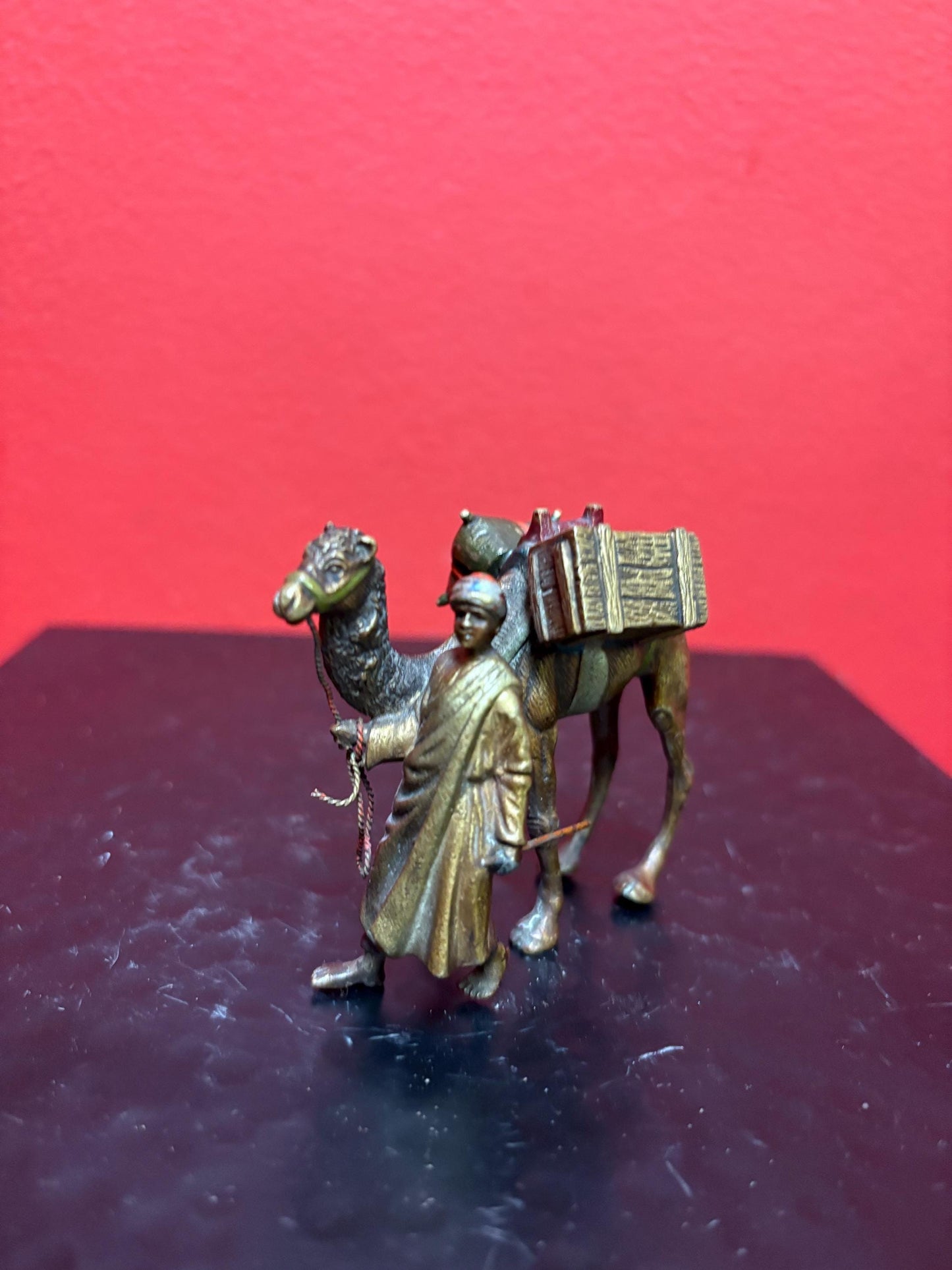 Beautiful Franz Bergman antique cold painted Austrian bronze statue of a man with a camel  wonderful condition  and detail  authentic-  B