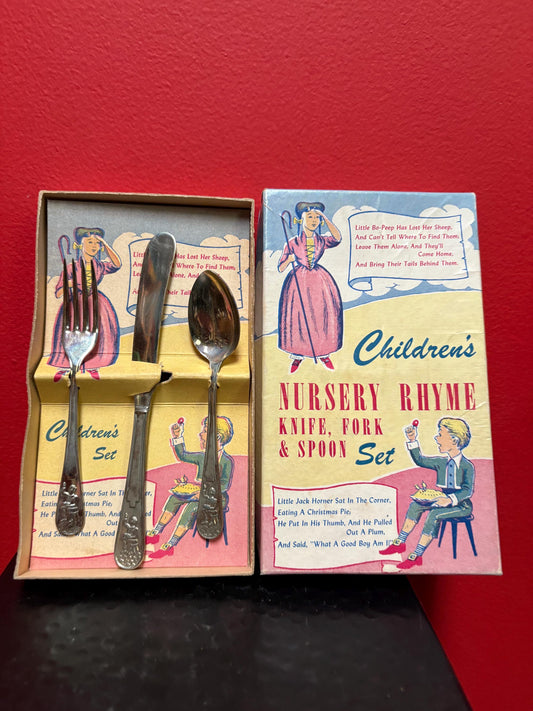 Lovely antique English Jack Horner rustless nickel silver christening set inbox  knife fork and spoon  everything good condition -perfect