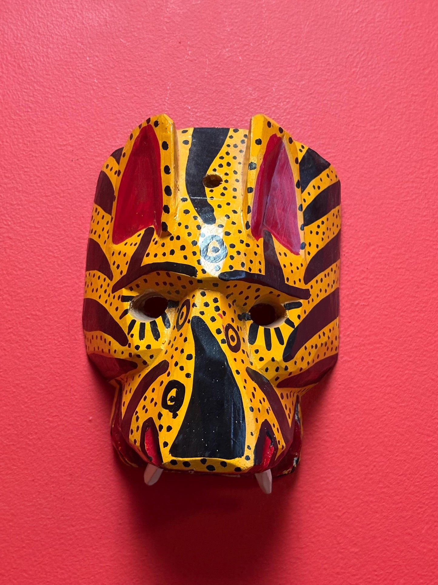 Beautiful central American painted vintage mask - 9 x 7“ wide  cheetah style imagery  looks great on wall