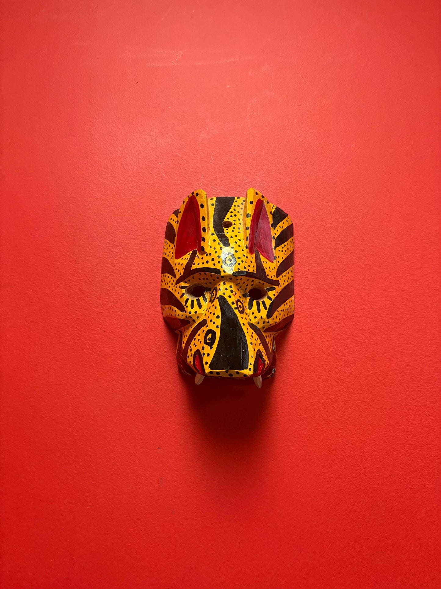 Beautiful central American painted vintage mask - 9 x 7“ wide  cheetah style imagery  looks great on wall