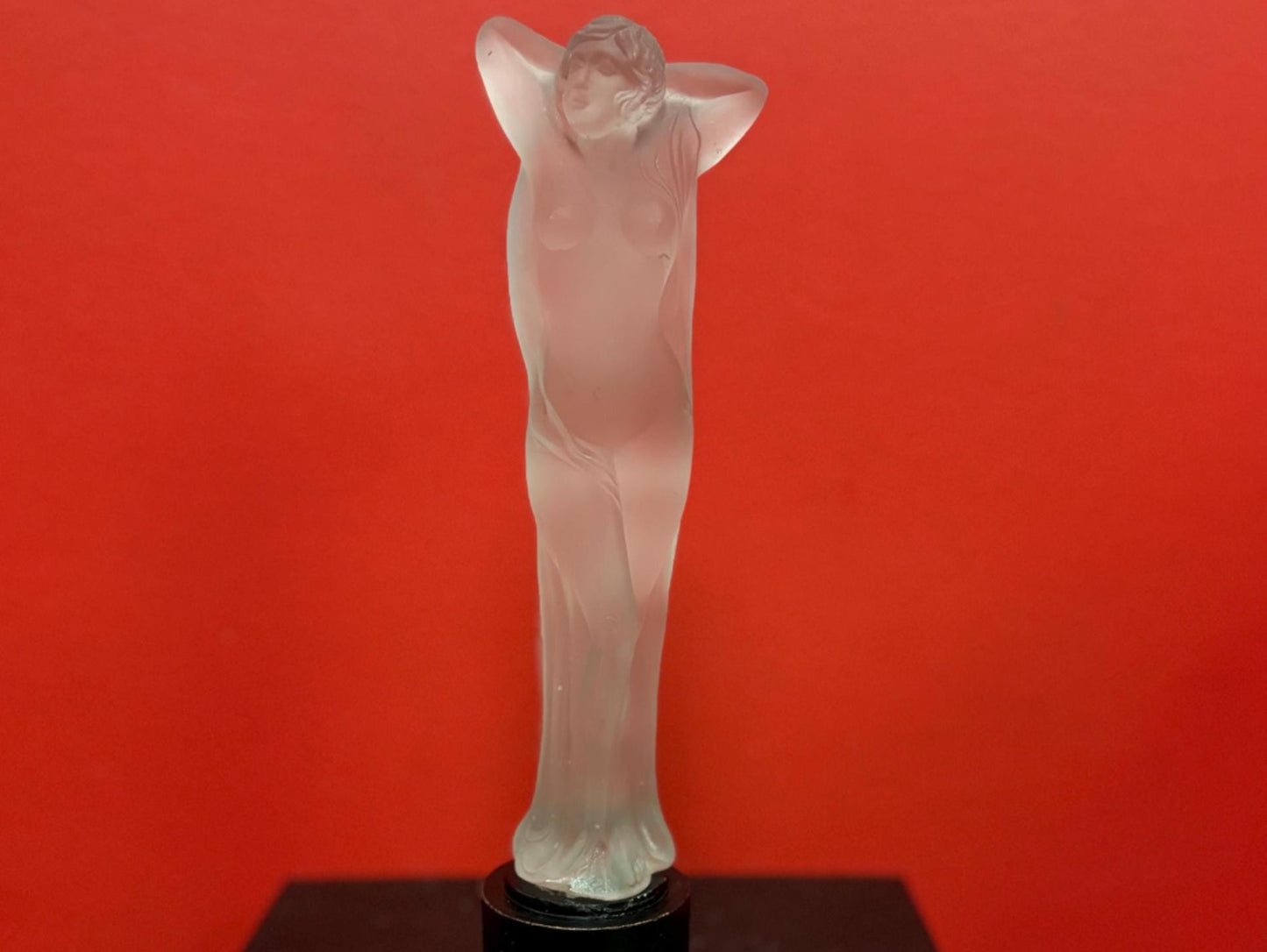 Amazing 10 inch tall antique European  frosted art glass nude on wooden stand  amazing detail  great value and great gift  wow