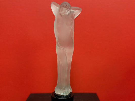 Amazing 10 inch tall antique European  frosted art glass nude on wooden stand  amazing detail  great value and great gift  wow