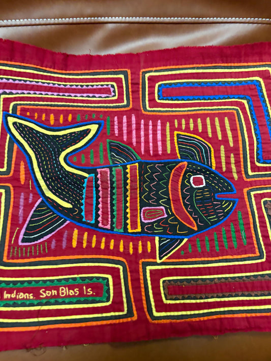 Beautiful central American 16 x 13 inch embroidered MOLA textile of a fish   ready to hang or frame - great gift  great value