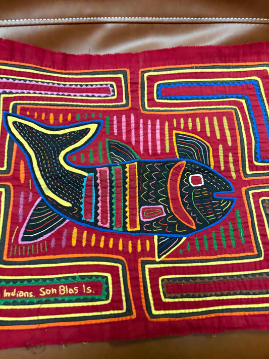 Beautiful central American 16 x 13 inch embroidered MOLA textile of a fish  — ready to hang or frame - great gift — great value