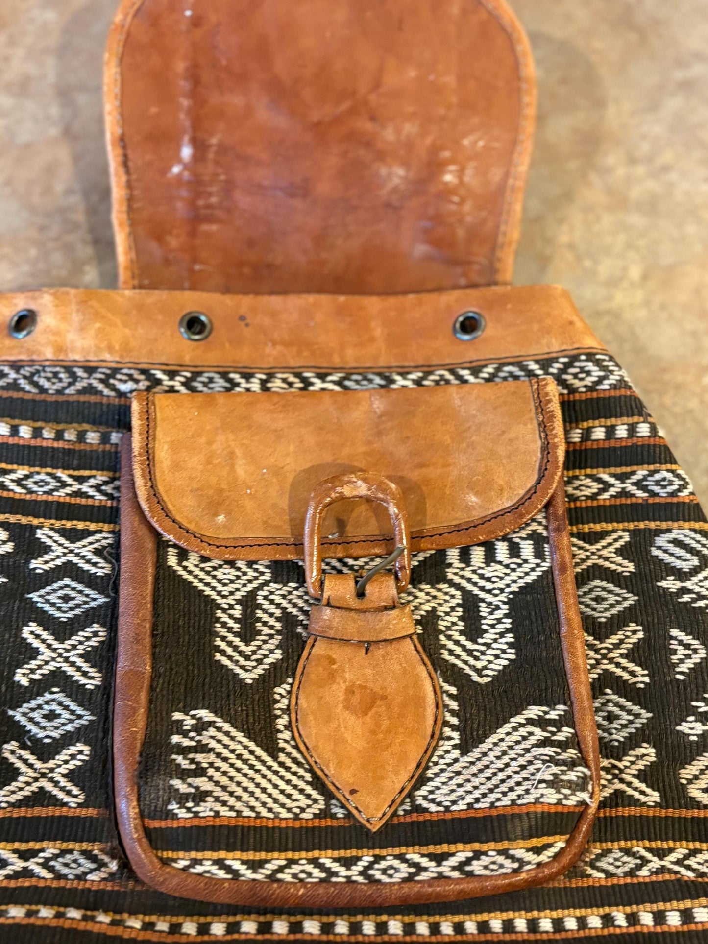 amazing  1970s South American leather and fabric BoHo backpack— approximately 14 x 12“ wide in amazing condition — ready to use— beauty-