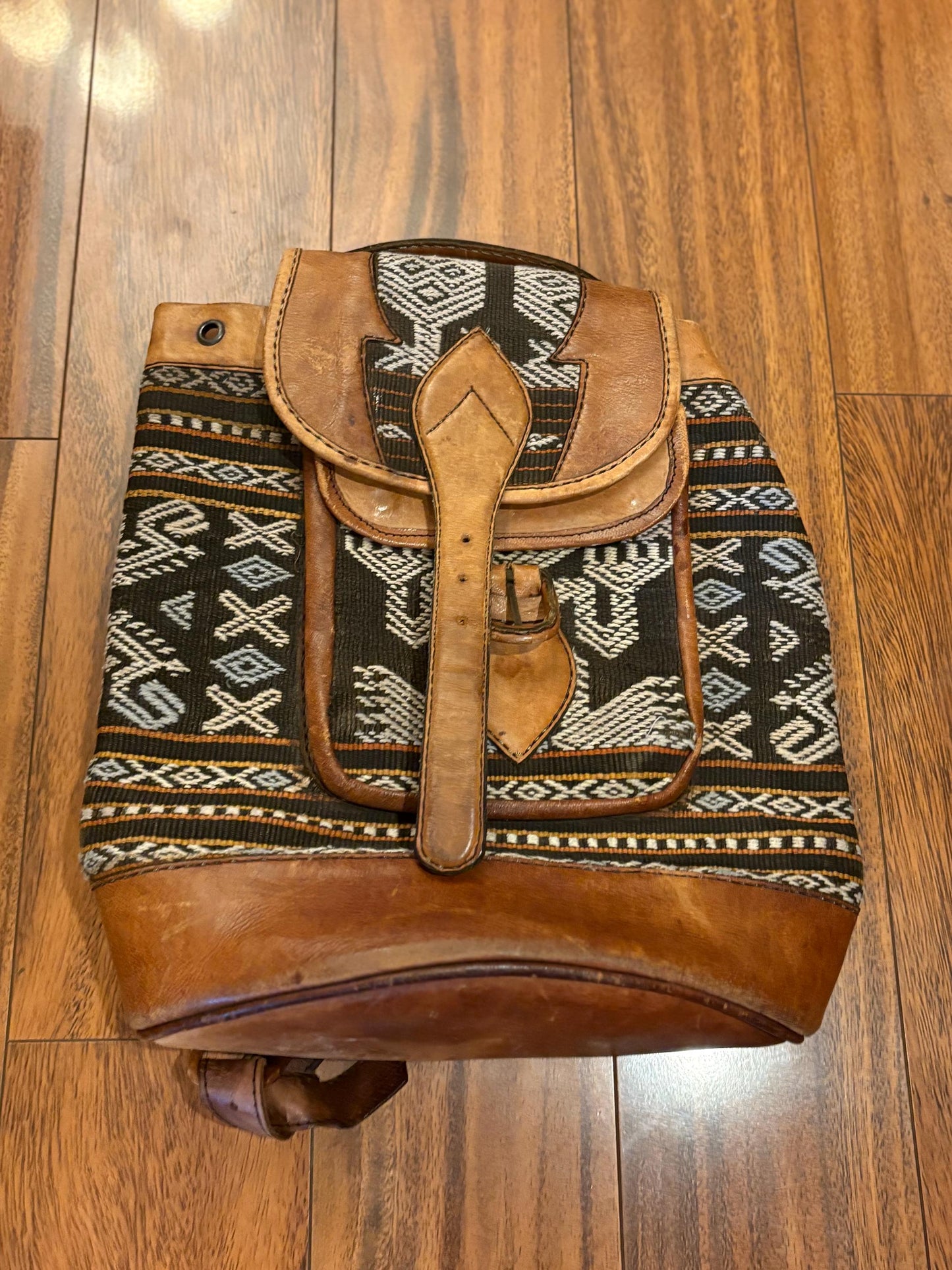 amazing  1970s South American leather and fabric BoHo backpack— approximately 14 x 12“ wide in amazing condition — ready to use— beauty-