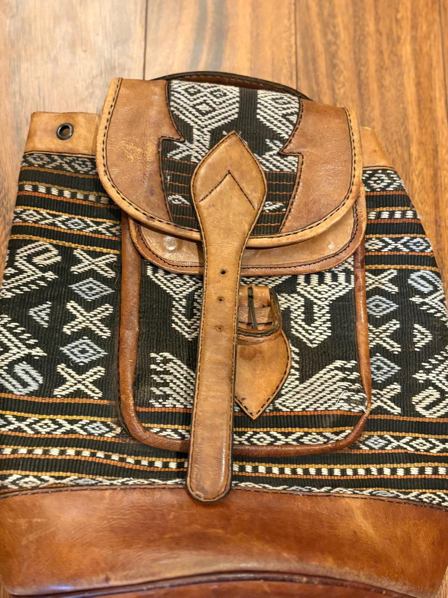amazing  1970s South American leather and fabric BoHo backpack— approximately 14 x 12“ wide in amazing condition — ready to use— beauty-