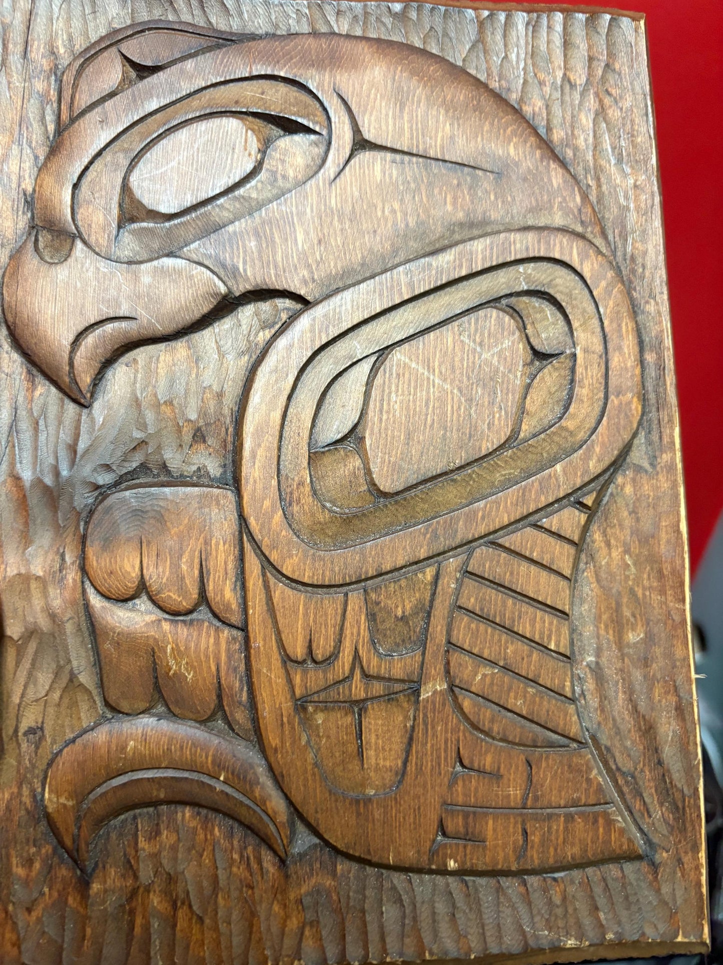 Beautiful indigenous first nations Pacific Northwest Coast 10 x 7 x 1 thick cedar plaque of an eagle landing  amazing detail and quality-