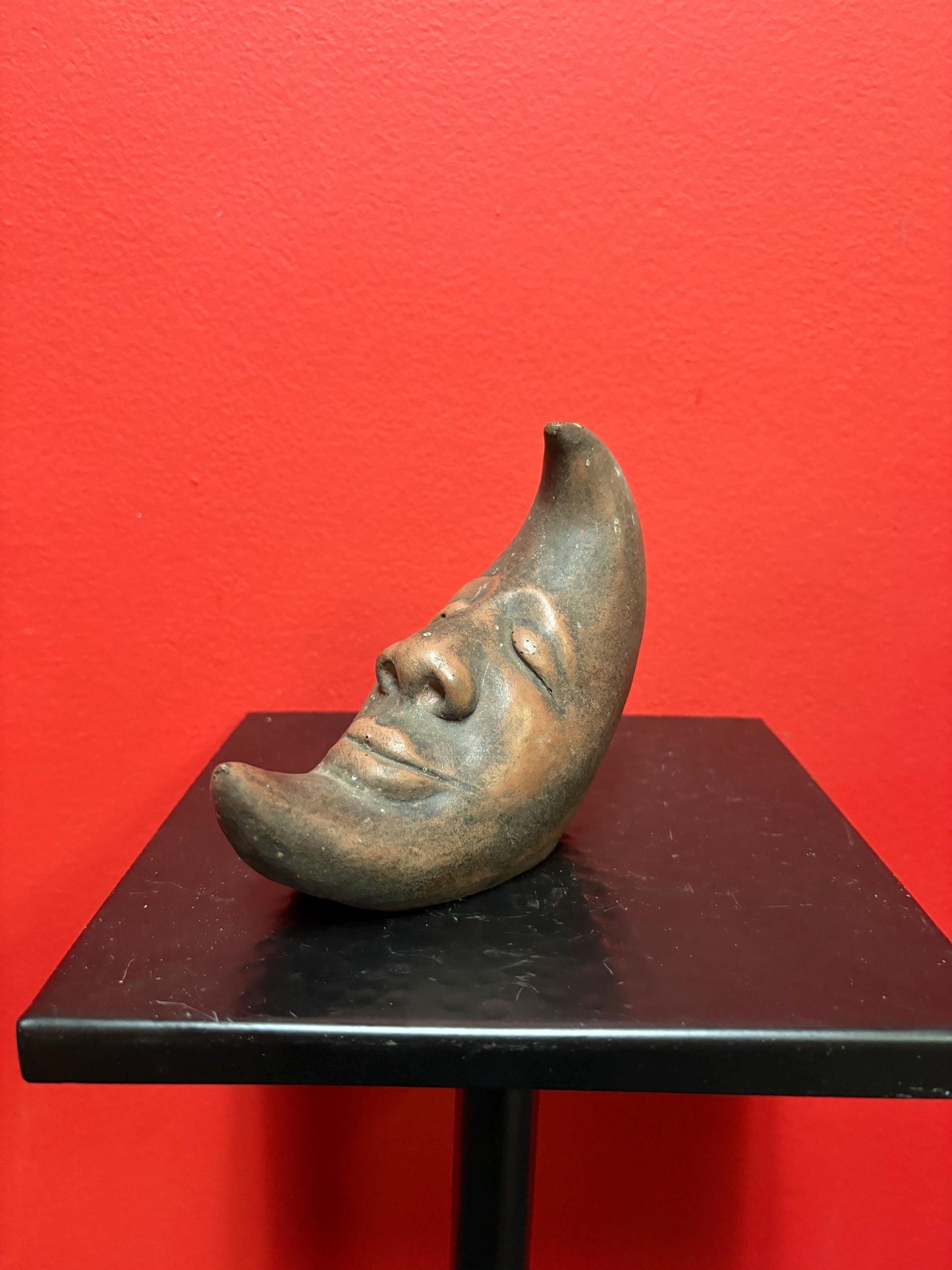 Unique probably American 5 inch antique pottery moon statue  nice condition and great gift  heavy