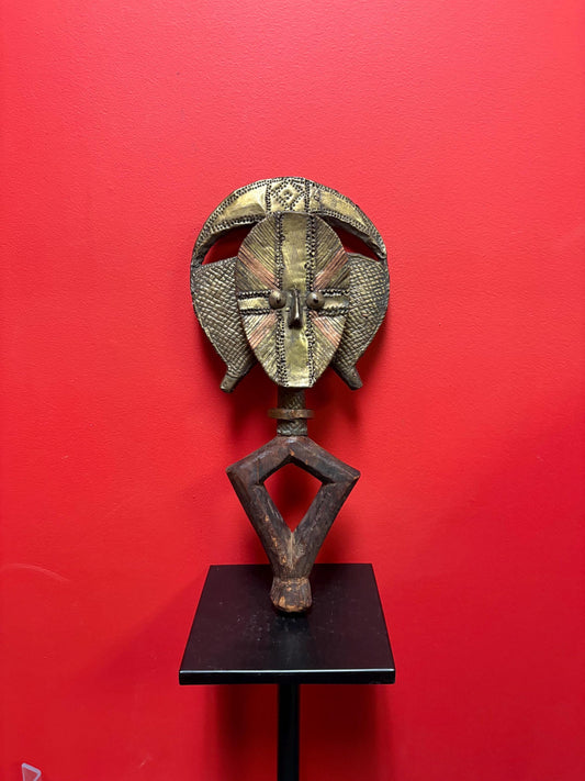 African reliquary Osseyba wood and brass figure  18 inches tall  mahongwe Gabon central Africa - 18 inches tall   19th Centiry