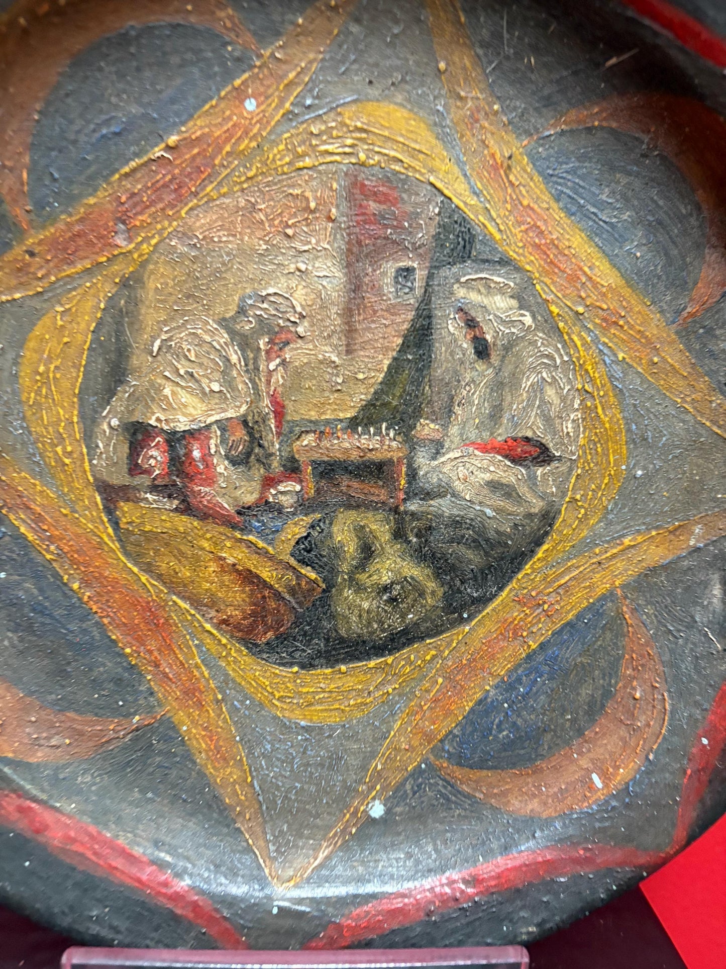 Stunning approx 18 century 10 inch Arabic pottery plate with hand painted scene chess players  good condition