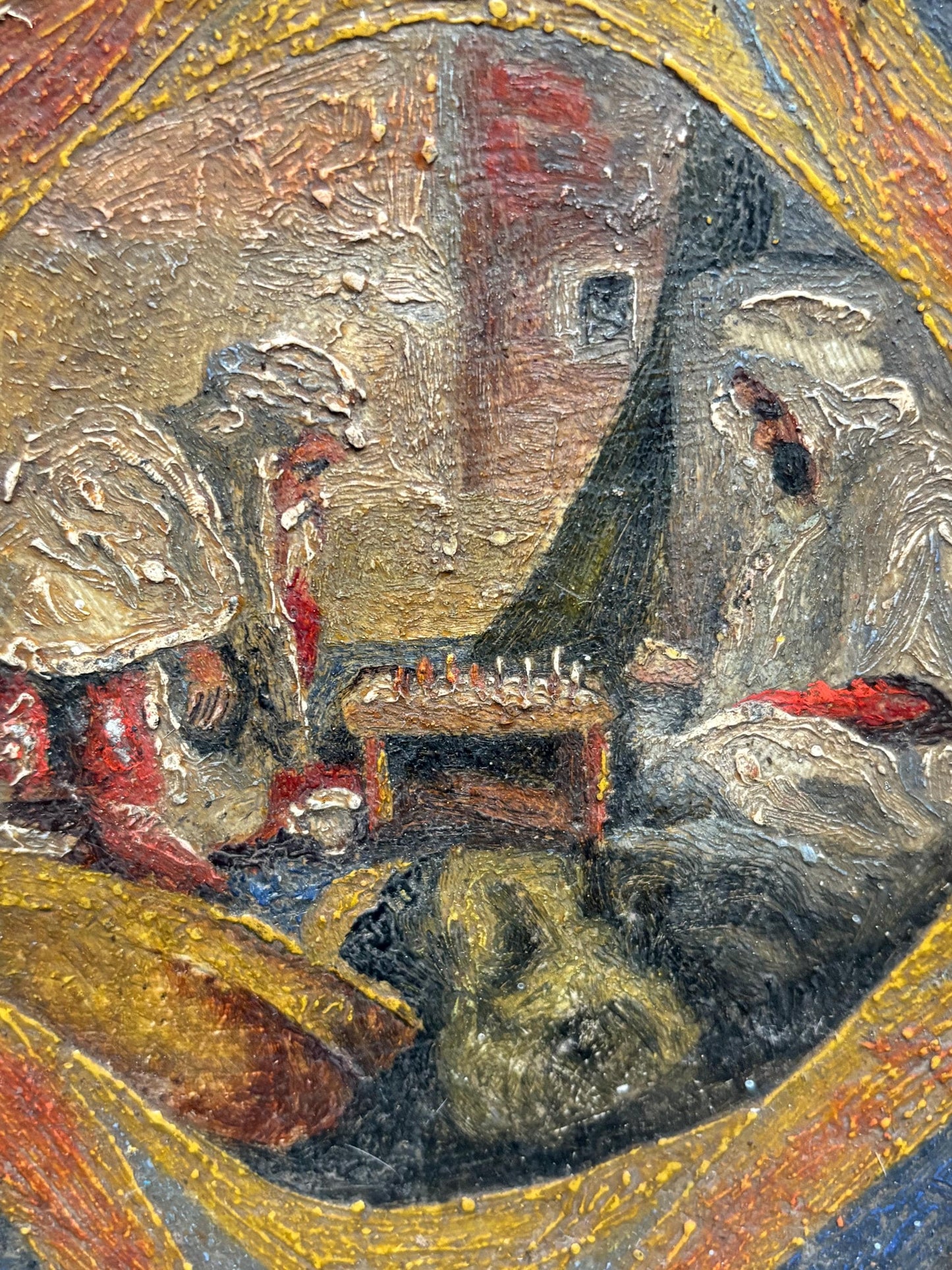 Stunning approx 18 century 10 inch Arabic pottery plate with hand painted scene chess players  good condition