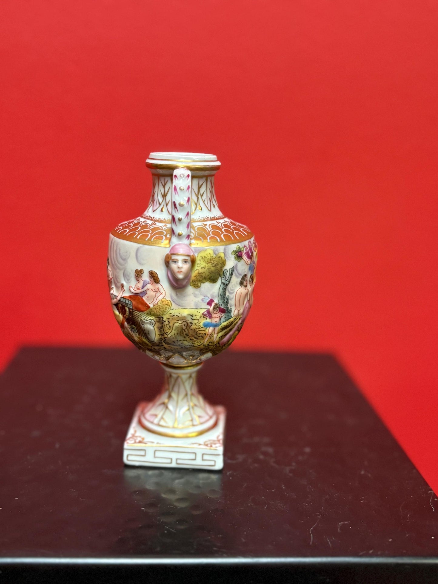 Beautiful 19 century European hand painted porcelain signed vase  5 inches tall  great value and perfect condition