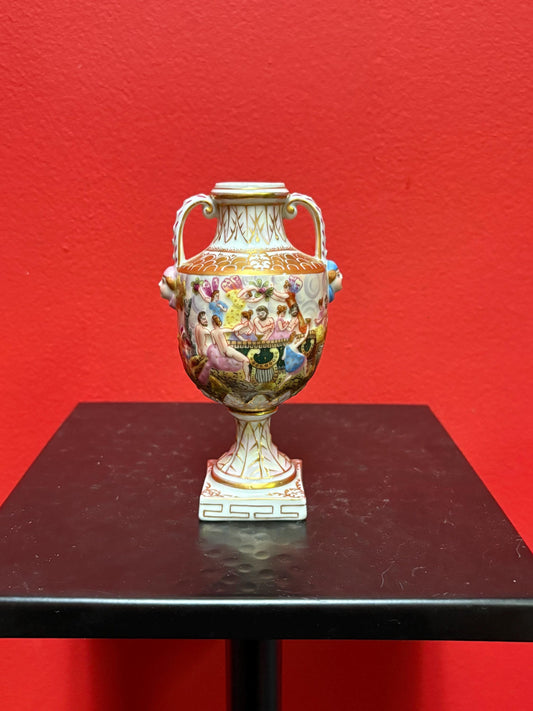 Beautiful 19 century European hand painted porcelain signed vase  5 inches tall  great value and perfect condition