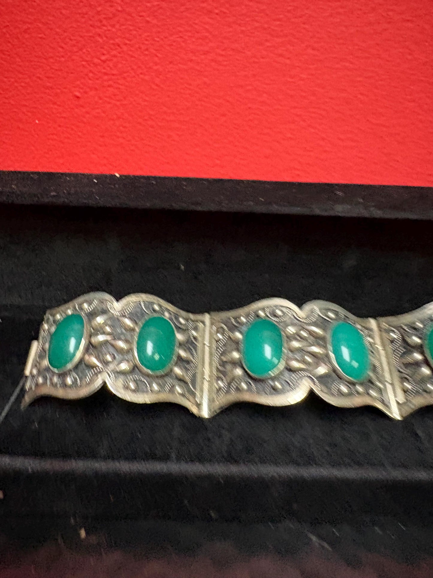 beautiful antique untested silver panel bracelet with green Onyx cartouches  6 inches long and perfect gift  wow