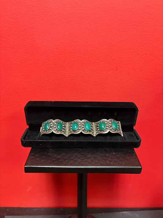 beautiful antique untested silver panel bracelet with green Onyx cartouches  6 inches long and perfect gift  wow