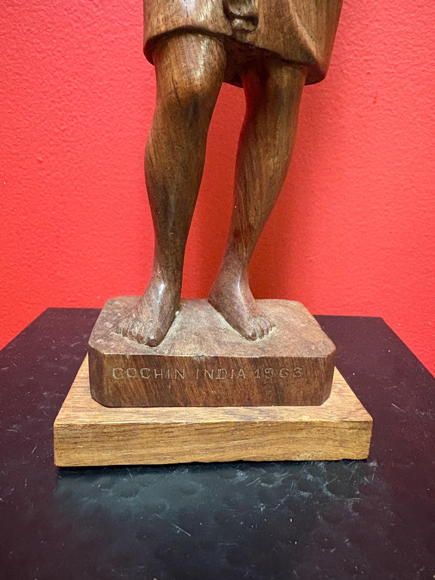 Beautiful wooden signed 1963 Indian statue of a man holding a pot  great detail and fabulous imagery